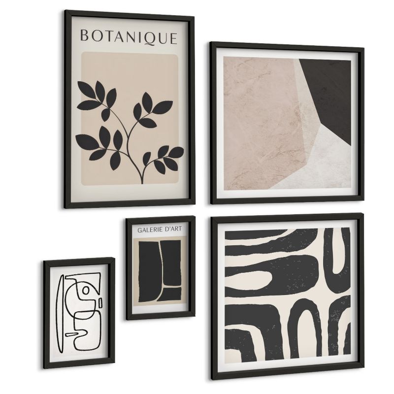 Zestaw Obrazów 5 Częściowy ArtPrintCave (2x50x50+2x20x30+40x60cm) Czarna rama Abstrakcyjne wzory boho kształty 1 kpl.