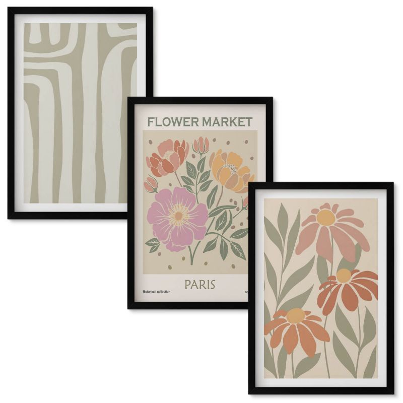 Set Obrazów w Ramie Wallfluent Motywy botaniczne Paris minimalizm Czarna rama 40x60 cm 3 szt.