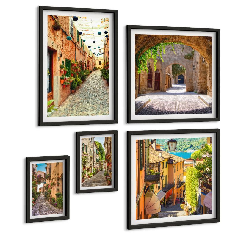Galeria 5 Obrazów ArtPrintCave (2x50x50+2x20x30+40x60cm) Czarna rama Włoskie ulice kwiaty architektura 1 kpl.