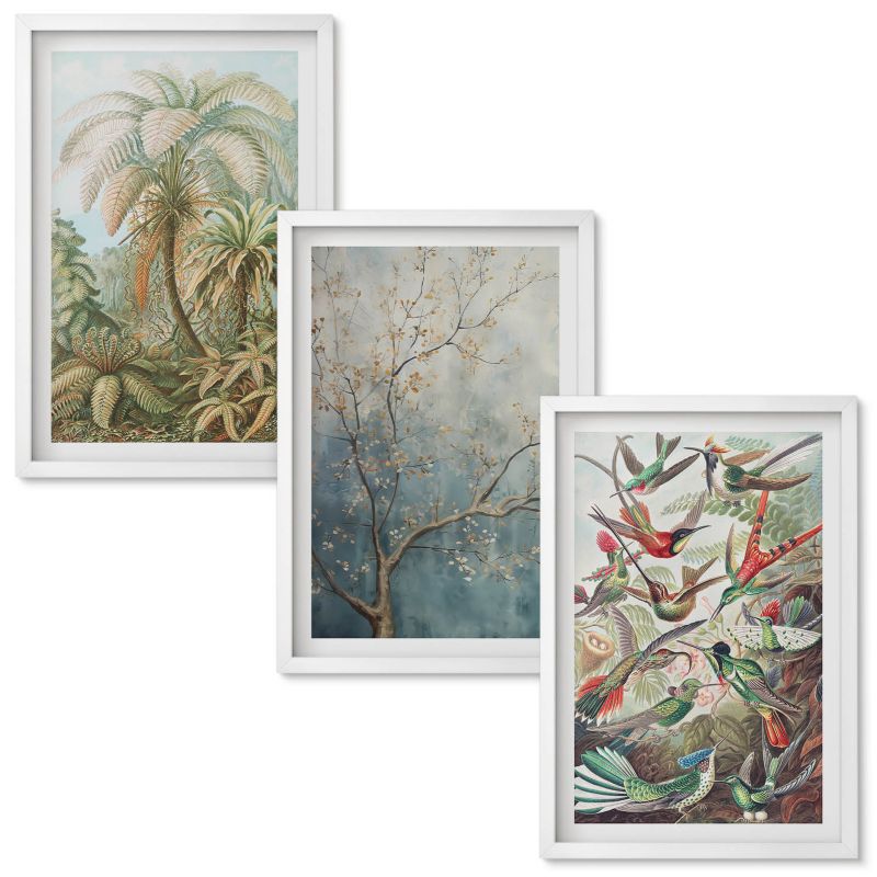 Zestaw obrazów Wallfluent Tropikalne rośliny ptaki natura Biała rama 40x60 cm 3 szt.