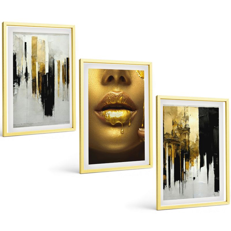 Trzyczęściowy Zestaw Obrazów ArtPrintCave 40x60 cm Złota rama Abstrakcyjne malarstwo portret 1 kpl.