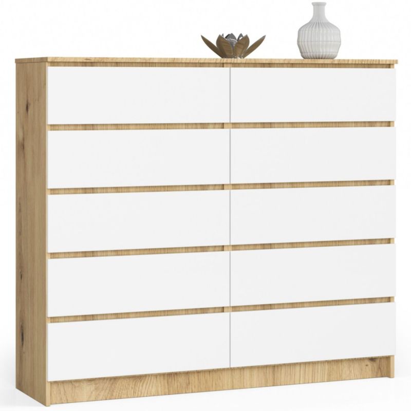 Komoda Akord K140 Dąb Artisan 138 cm 10 szuflad kolor Biały mat 138x40x121 cm 1 szt.