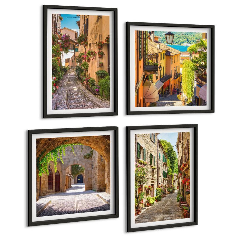 Galeria 4 Obrazów ArtPrintCave (2x50x50+2x40x60cm) Czarna rama Włoskie ulice kwiaty architektura 1 kpl.