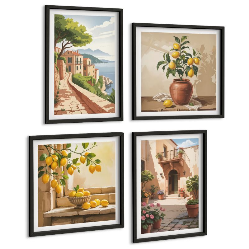 Zestaw Obrazów 4 Częściowy ArtPrintCave (2x50x50+2x40x60cm) Czarna rama Owoce cytrusowe w kuchni 1 kpl.