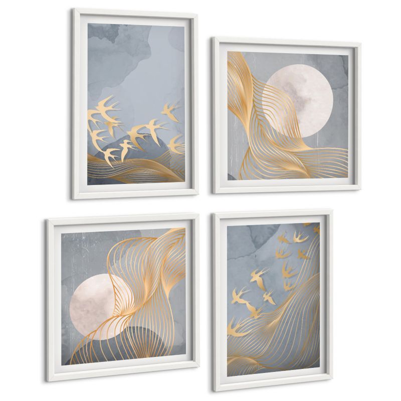 Zestaw 4 Obrazów ArtPrintCave (2x50x50+2x40x60cm) Biała rama Ptaki w locie niebo księżyc 1 kpl.