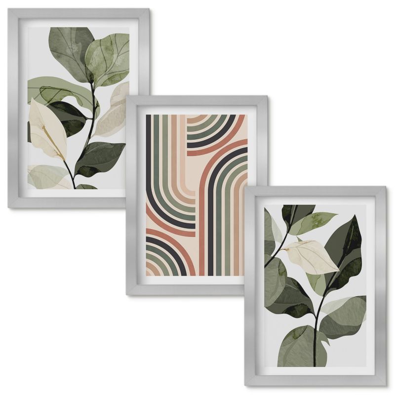 Set Obrazów w Ramie Wallfluent Roślinne motywy geometryczne Srebrna rama 20x30cm 3 szt.