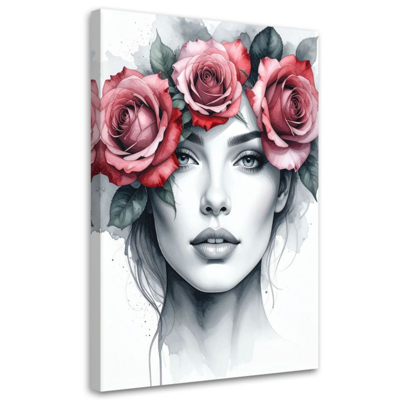 Obraz do salonu sypialni Feeby Portret Kobieta z kwiatami róży na głowie 60x90cm 1szt