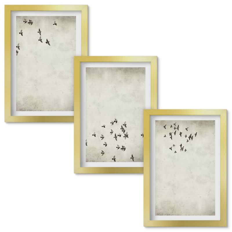 Obrazy Do Sypialni Wallfluent Minimalistyczny malunek ptaków Złota rama 20x30cm 3 szt.