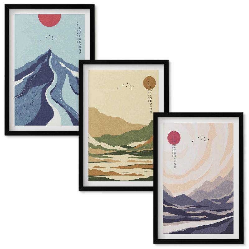Set Obrazów w Ramie Wallfluent Góry pastelowe styl japandi Czarna rama 40x60 cm 3 szt.