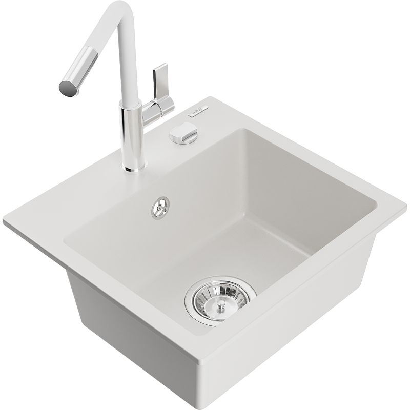 Zlewozmywak granitowy 1-komorowy Mexen Milo z baterią kuchenną Flora biały 6505-20-670401-02