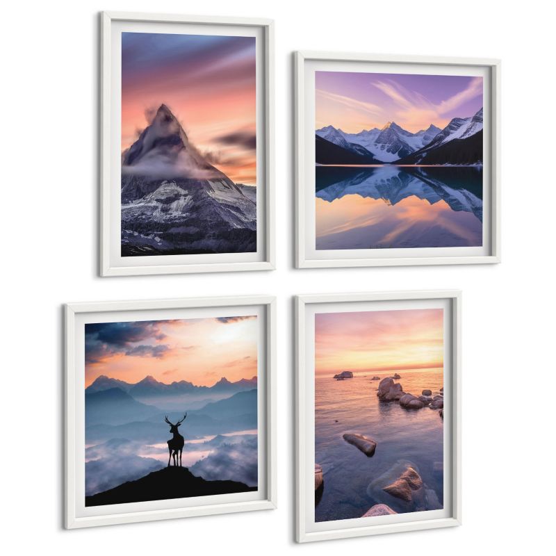 Zestaw Obrazów 4 Częściowy ArtPrintCave (2x50x50+2x40x60cm) Biała rama Krajobrazy góry jeziora jeleń 1 kpl.