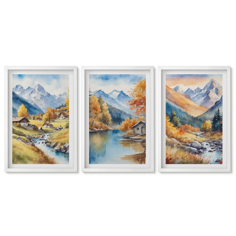 Zestaw 3 obrazów w białej ramie Tulup 40x60 cm Jesienne góry rzeka domki Stylowa galeria nad biurko 1 kpl