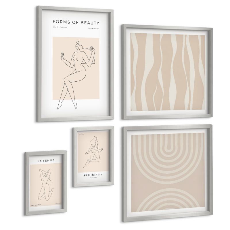Zestaw 5 Obrazów ArtPrintCave (2x50x50+2x20x30+40x60cm) Srebrna rama Kolekcja minimalistycznych form 1 kpl.