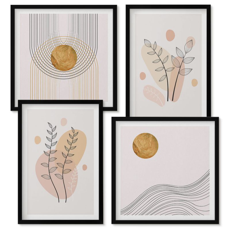 Set Obrazów w Ramie Wallfluent Minimalistyczne rysunki roślin Czarna rama 4 szt.