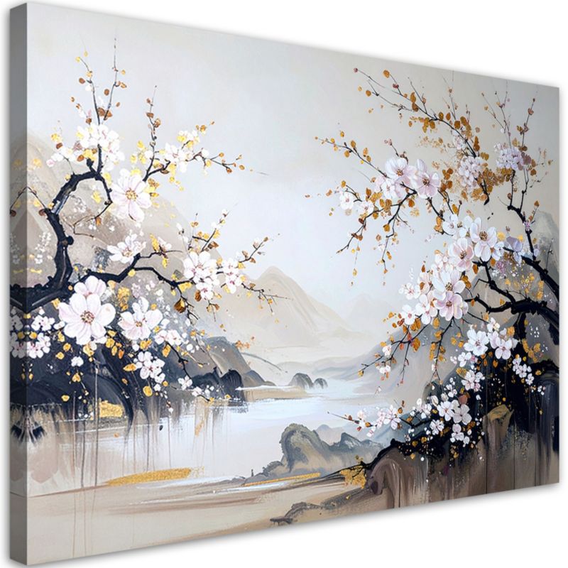 Obraz do salonu sypialni kuchni biura Feeby Japoński pejzaż kwiaty 60x40cm 1szt