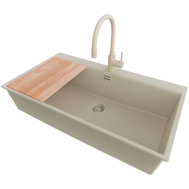 Zlewozmywak Granitowy Oslo 90 Top PRIMAGRAN Nablatowy 88x50cm, Cały Beżowy + Bateria + Syfon + Akcesorium, S738, 1 szt.