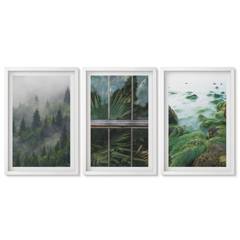 Zestaw 3 obrazów w białej ramie Tulup 40x60 cm Las mgła brzeg rzeki szklarnia Dekoracja ścienna do przedpokoju 1 kpl