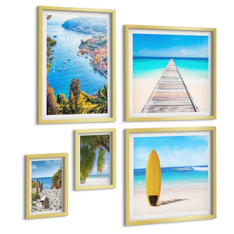 Komplet 5 Obrazów ArtPrintCave (2x50x50+2x20x30+40x60cm) Złota rama Wakacyjne widoki plaża palmy 1 kpl.