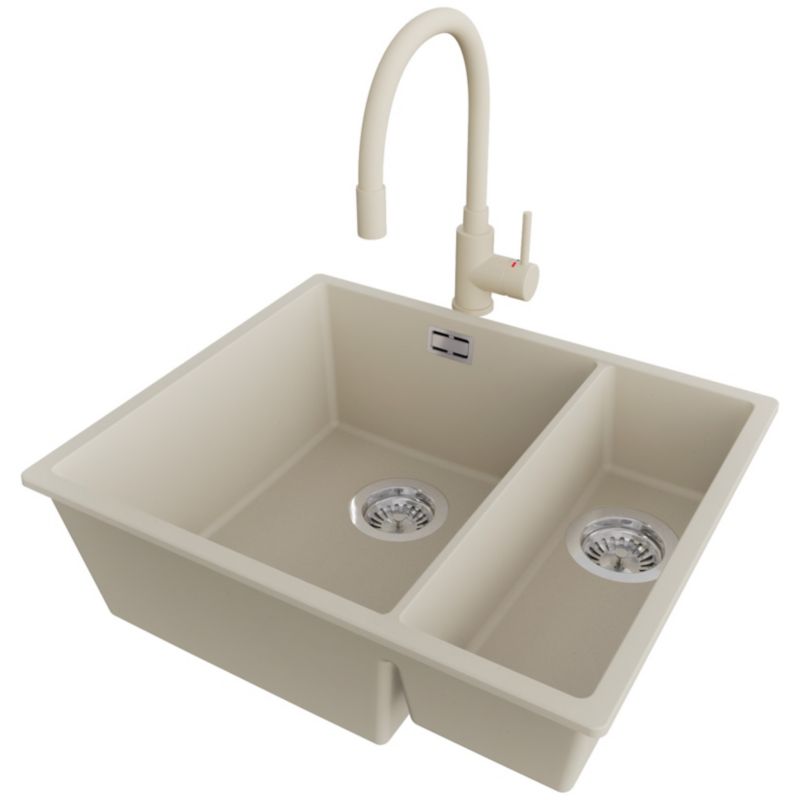 Zlewozmywak Granitowy Londyn Duo Slim PRIMAGRAN Nablatowy 56x47cm do Szafki od 60cm, Beżowy + Bateria + Syfon, S033, 1 szt.