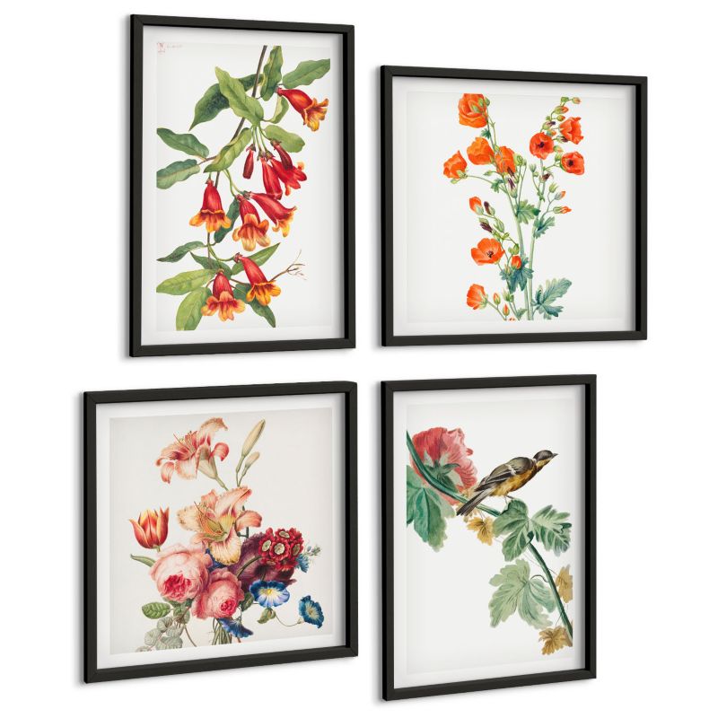 Zestaw 4 Obrazów ArtPrintCave (2x50x50+2x40x60cm) Czarna rama Malowane kwiaty retro ptak 1 kpl.