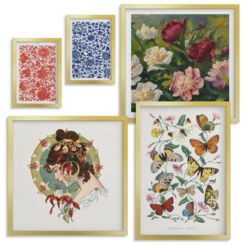 Obraz Ścienny Zestaw Wallfluent Vintage kwiaty motyle ornamenty Złota rama 5 szt.