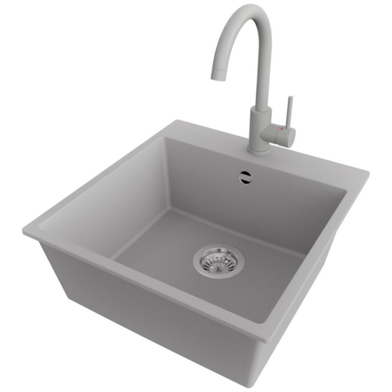 Zlewozmywak Granitowy Ryga PRIMAGRAN Nablatowy 48x50cm do Szafki od 50cm, Szary + Bateria 32x20cm + Syfon, S229, 1 szt.