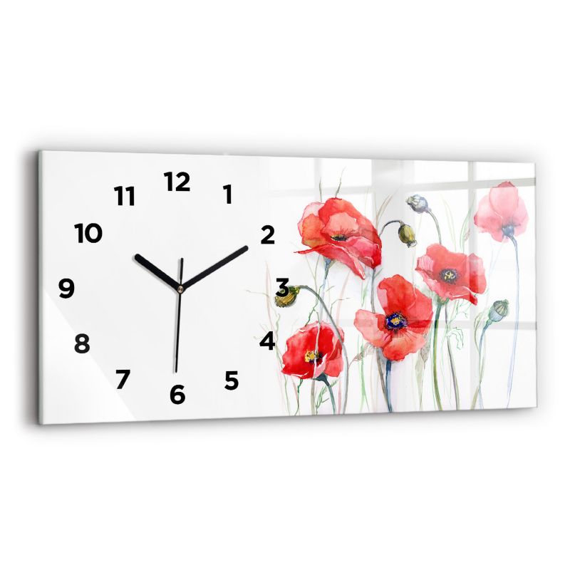 Zegar z czarnymi wskazówkami Wallfluent 60x30 cm Malowane czerwone maki 1 szt.