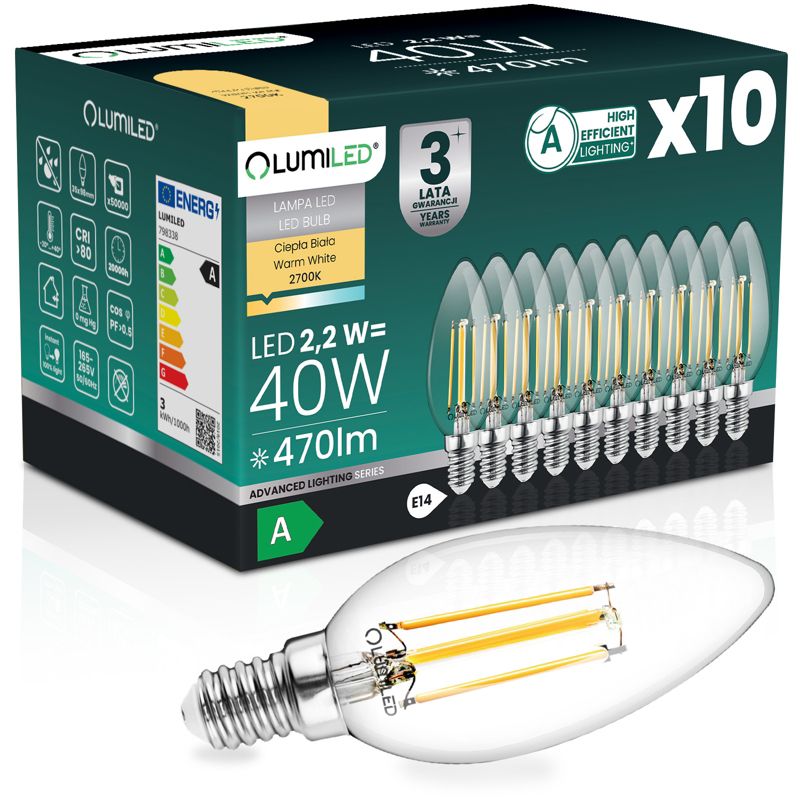 Żarówka LED Lumiled E14 Świeczka B35 2.2W 470lm 2700K 360st Filament Klasa A 10 szt.