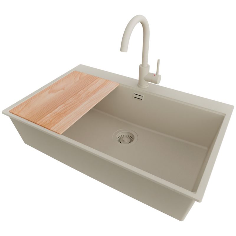 Zlewozmywak Granitowy Oslo Top PRIMAGRAN Nablatowy 78x50cm do Szafki od 80cm, Cały Beżowy + Bateria + Syfon + Deska, S612, 1 szt.