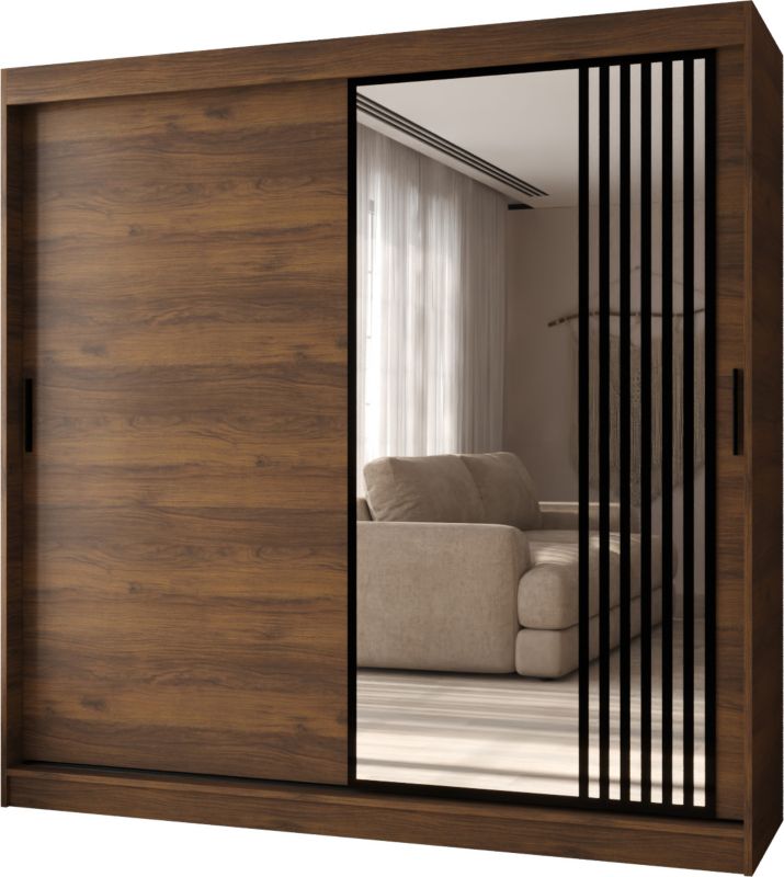 Szafa przesuwna z lustrem Garderoba GLOSSY 200 orzech warmia + u. czarny 1 szt.