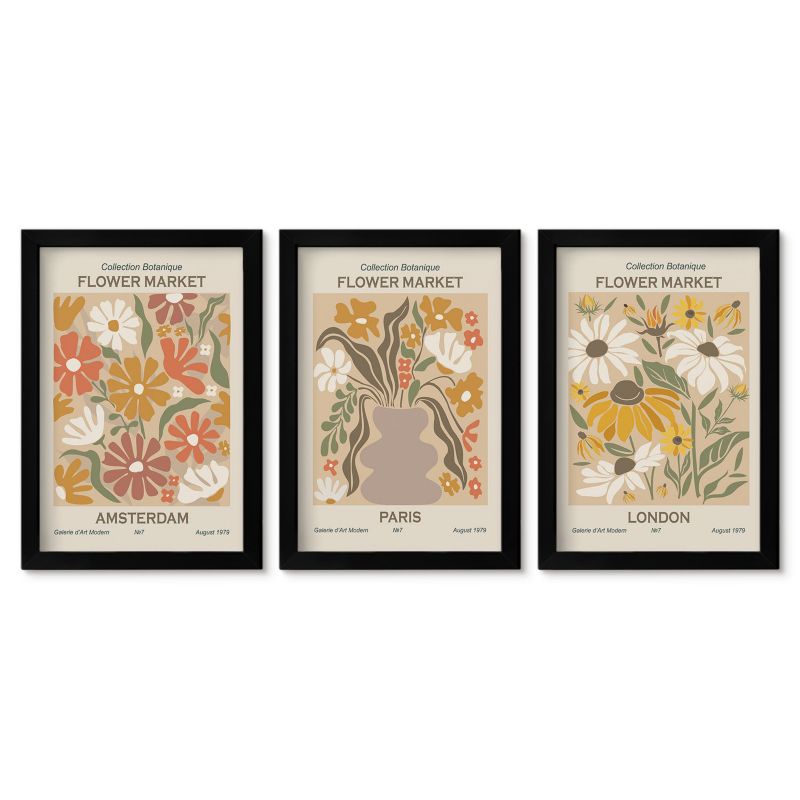 Komplet obrazów czarna rama Tulup 20x30 cm Kwiatowe wzory Amsterdam Paryż Londyn Tryptyk 1 kpl