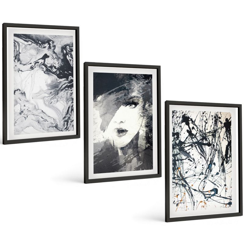 Zestaw 3 Obrazów w Czarnej Ramie ArtPrintCave 40x60 cm Galeria Ścienna Abstrakcyjne czarno Czarne wzory 1 kpl.