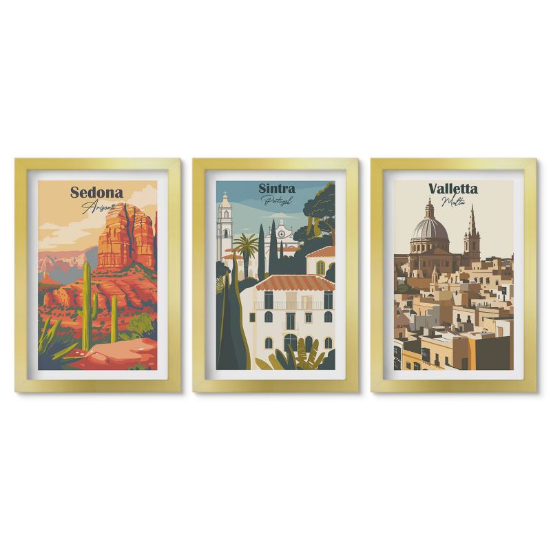 Trzy obrazy w złotej ramie zestaw Tulup 20x30 cm Widoki Sedona Sintra Valletta retro Obrazy w złotej ramie 1 kpl