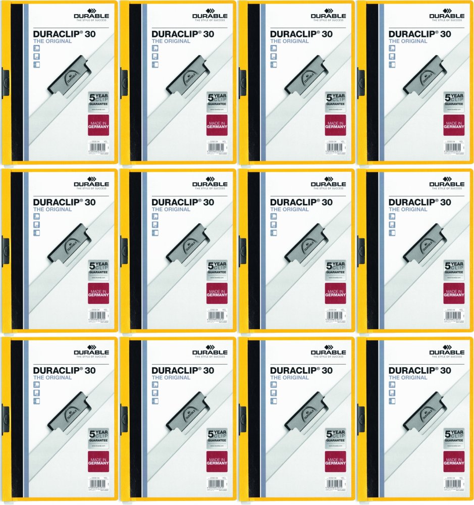 12x Skoroszyt plastikowy z klipsem Durable Duraclip, A4, do 30 kartek, żółty