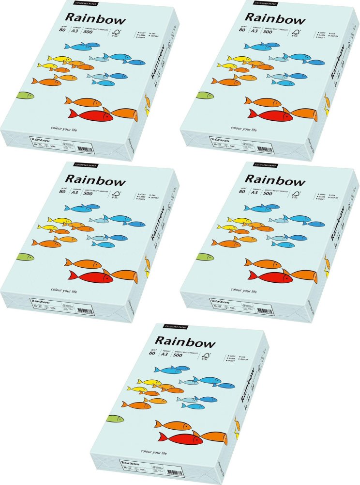 5x Papier kolorowy Rainbow, A3, 80g/m2, 500 arkuszy, jasny niebieski (R82)