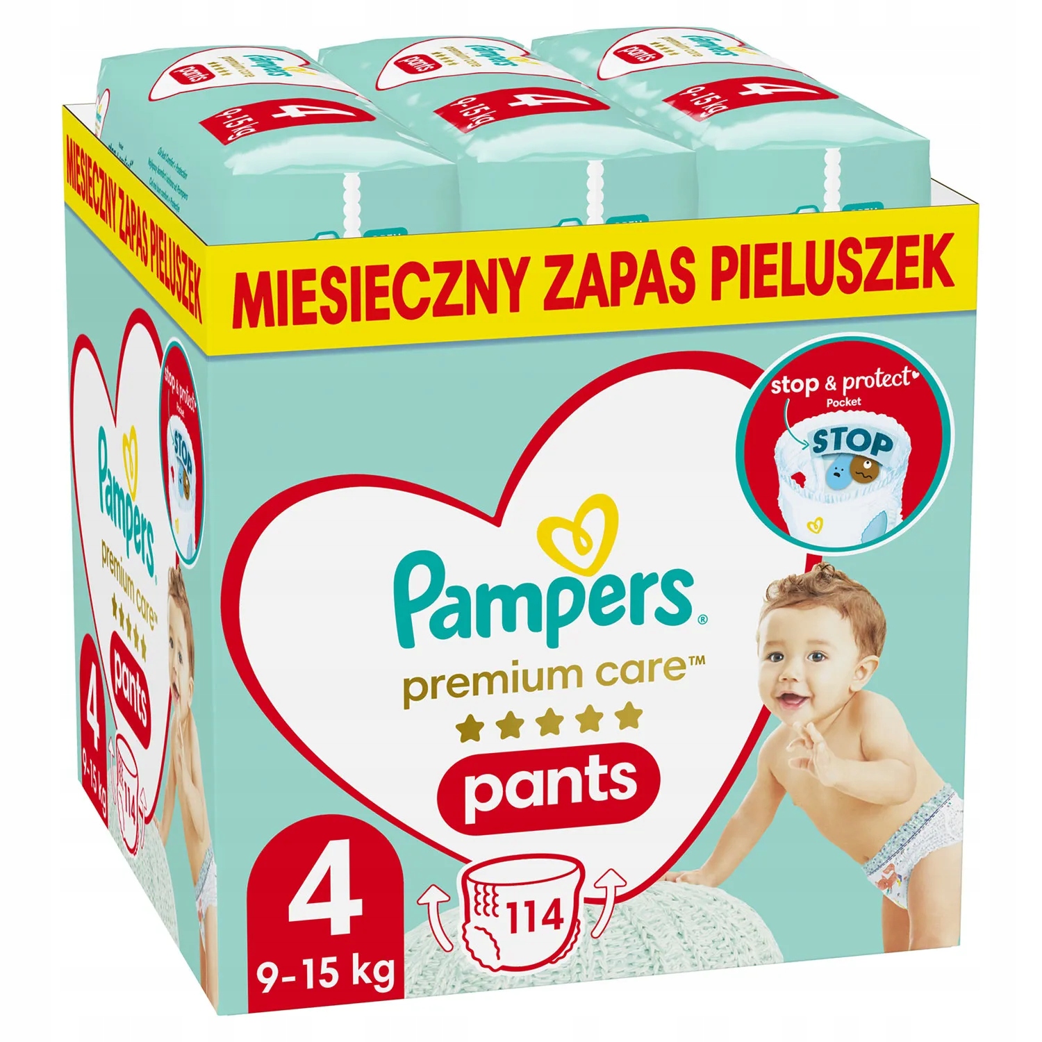 Pampers premium care pants - pieluchomajtki, rozmiar 4, 9-15 kg, 114 sztuk (data ważności: 09.08.2026)