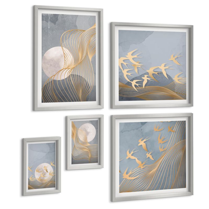 Komplet 5 Obrazów ArtPrintCave (2x50x50+2x20x30+40x60cm) Srebrna rama Abstrakcyjne fale okręgi szarość 1 kpl.