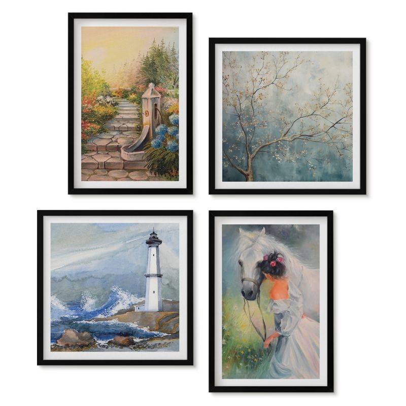 Zestaw 4 obrazów pionowych Tulup Sceneria latarni morska dziewczyna koń Obrazy w czarnej ramie 1 kpl
