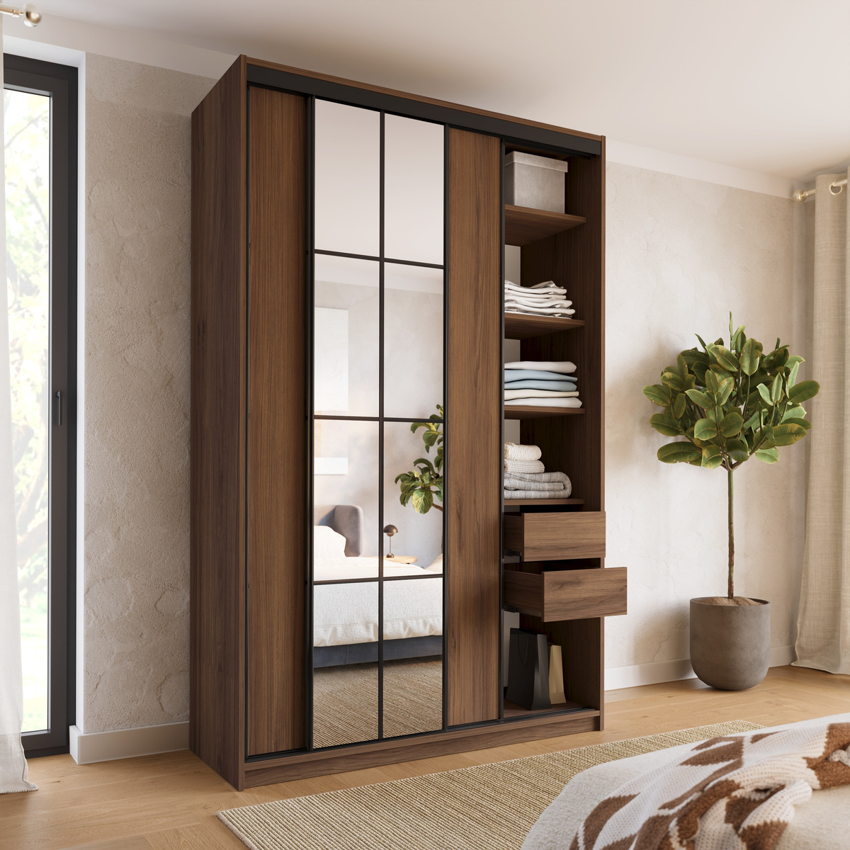 Wysoka szafa przesuwna z lustrem 150 cm do sypialni EDGE MAX orzech