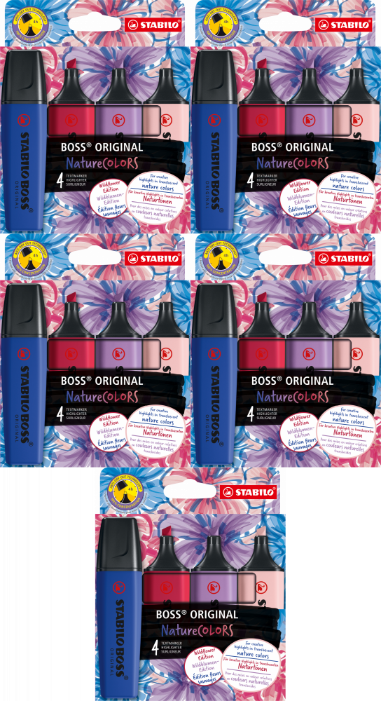 5x Zakreślacz Stabilo Boss Original NatureCOLORS Wildflowers, ścięta, 4 sztuki, mix kolorów