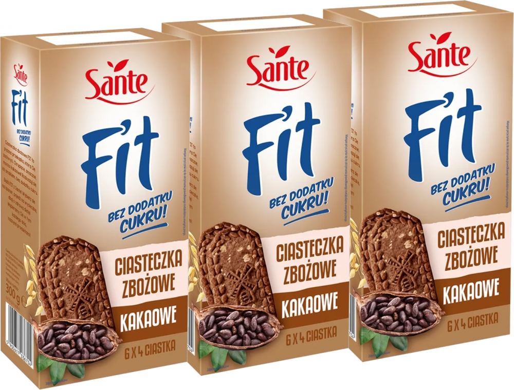 3x ciasteczka zbożowe Sante Fit, kakaowy, bez cukru, 300g