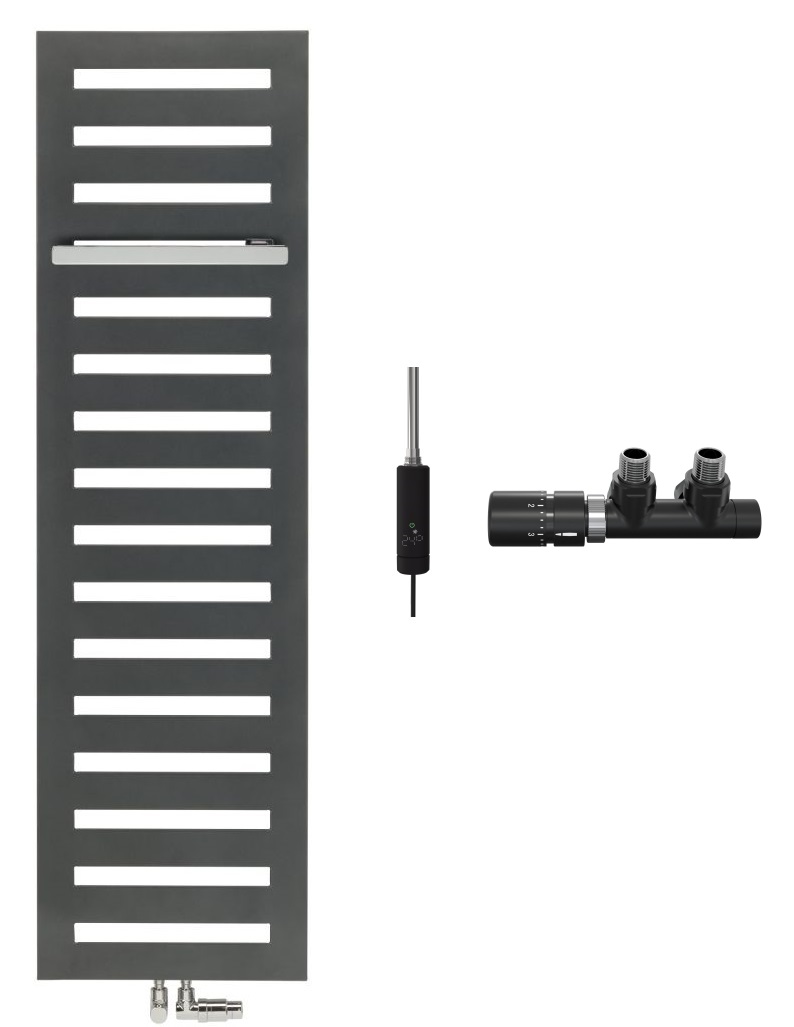 Zestaw Zehnder Metropolitan Bar grzejnik łazienkowy dekoracyjny 122x50 cm czarny z grzałką elektryczną 300 W i zestawem zaworowym lewym ...