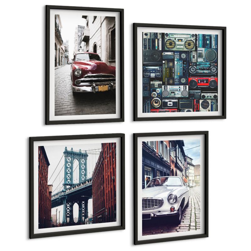 Galeria 4 Obrazów ArtPrintCave (2x50x50+2x40x60cm) Czarna rama Stare auta Brooklyn retro audio 1 kpl.