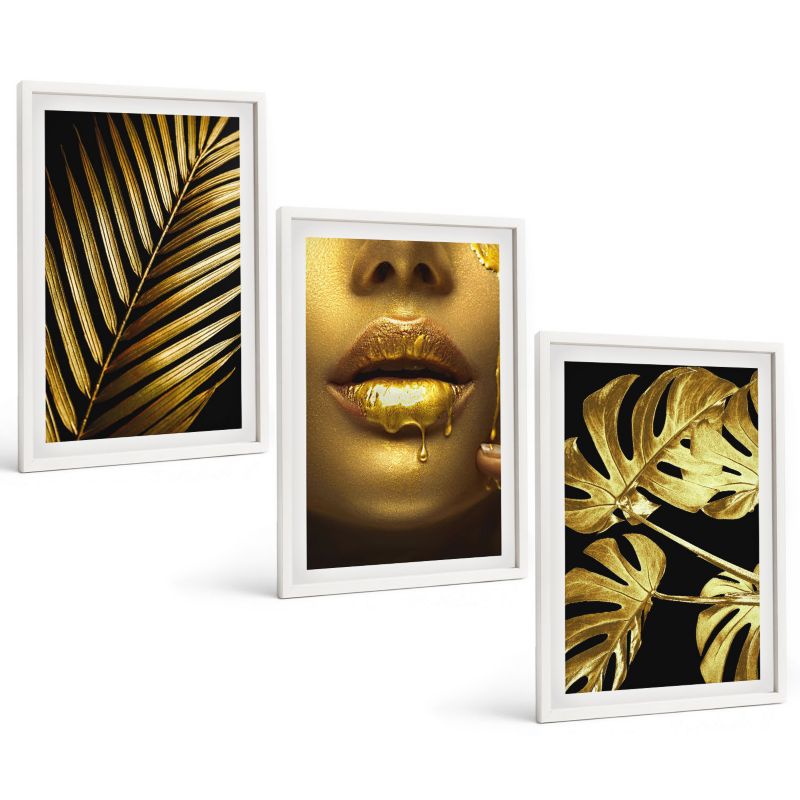 Trzyczęściowy Zestaw Obrazów ArtPrintCave 40x60 cm Biała rama Palma monstera usta kobiety 1 kpl.