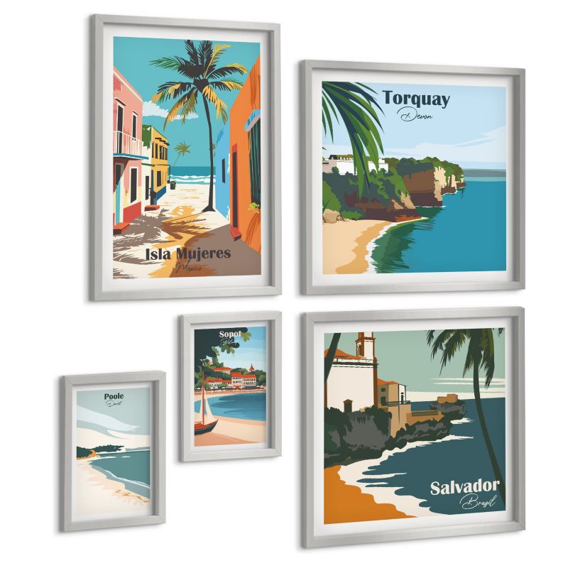 Zestaw Obrazów 5 Częściowy ArtPrintCave (2x50x50+2x20x30+40x60cm) Srebrna rama Retro widoki miast świata 1 kpl.