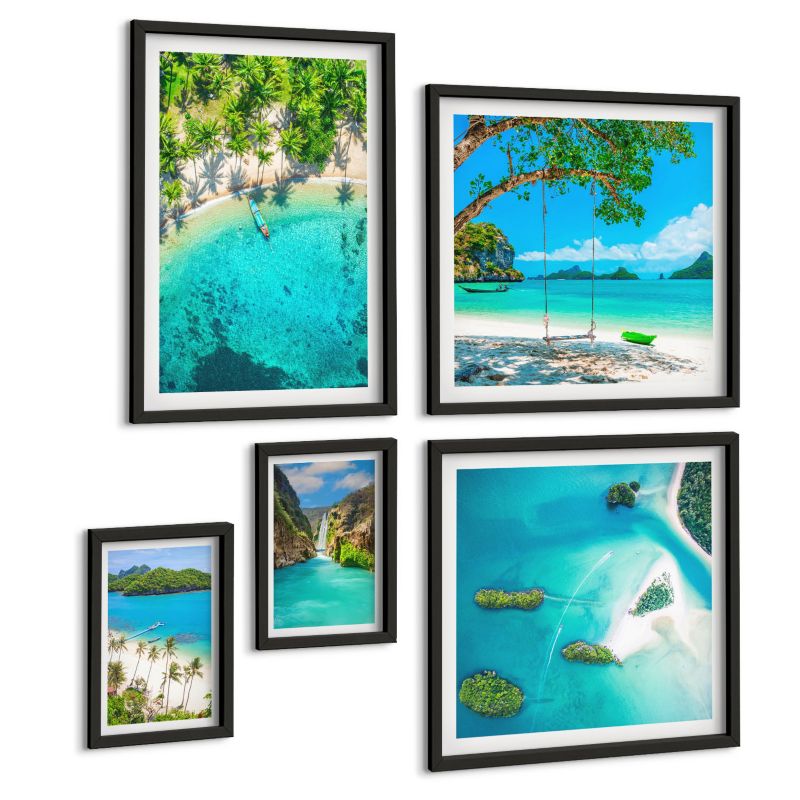 Zestaw 5 Obrazów ArtPrintCave (2x50x50+2x20x30+40x60cm) Czarna rama Plaże palmy krystaliczna woda 1 kpl.
