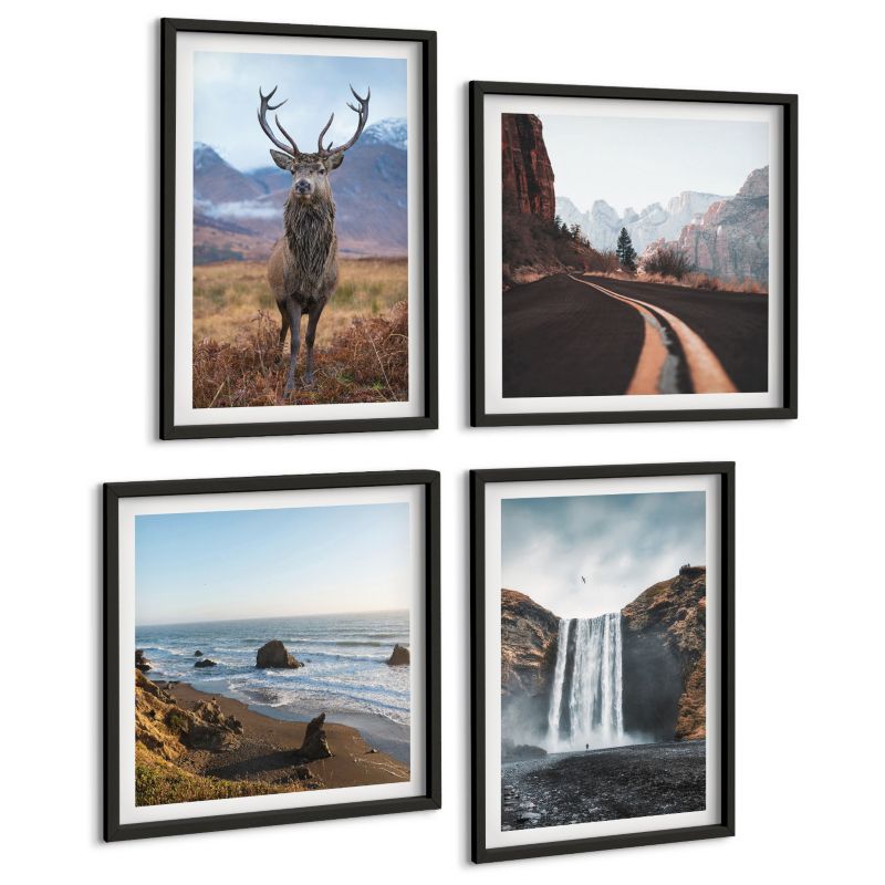 Czteroczęściowy Zestaw Obrazów ArtPrintCave (2x50x50+2x40x60cm) Czarna rama Krajobrazy górskie wodospad jelenie 1 kpl.