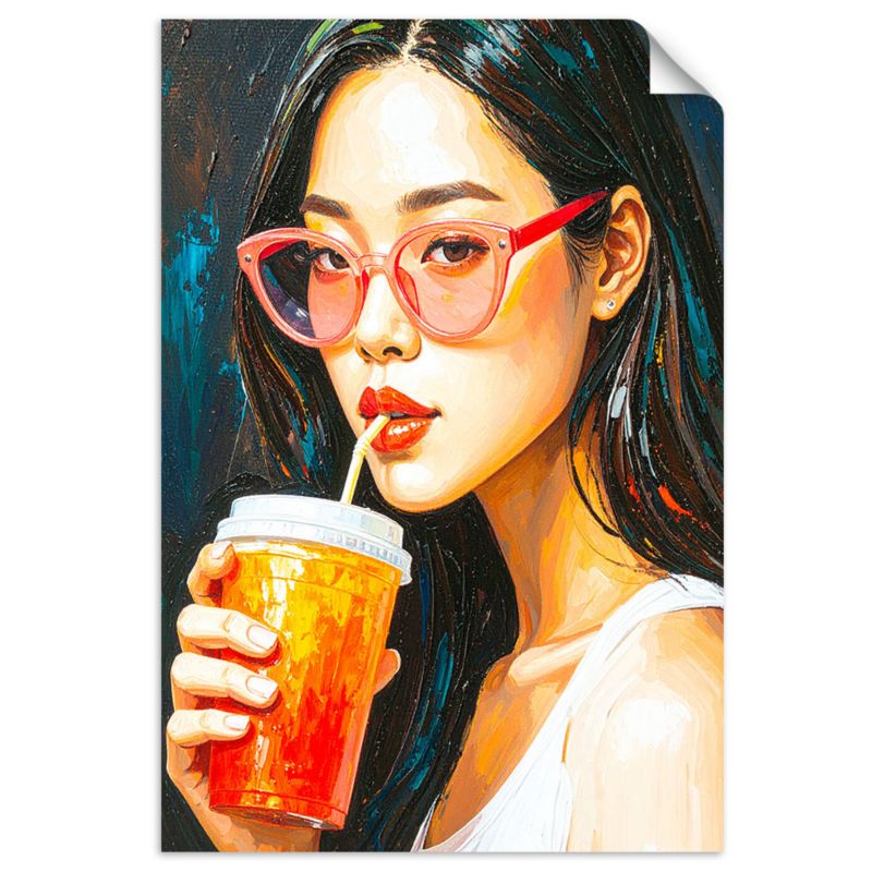 Naklejki samoprzylepne do salonu sypialni Feeby Dziewczyna w okularach pijąca Kawę 30x45cm 1szt