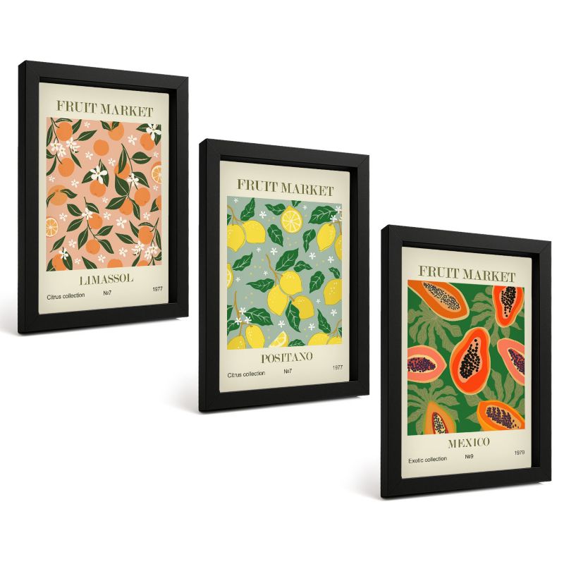 Zestaw 3 Obrazów w Czarnej Ramie ArtPrintCave 20x30 cm Galeria Ścienna Owoce cytrusy tropiki retro 1 kpl.