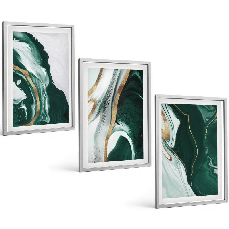 Galeria 3 Obrazów w Srebrnej Ramie ArtPrintCave 40x60 cm Komplet ścienny Abstrakcyjne wzory farb zieleni 1 kpl.